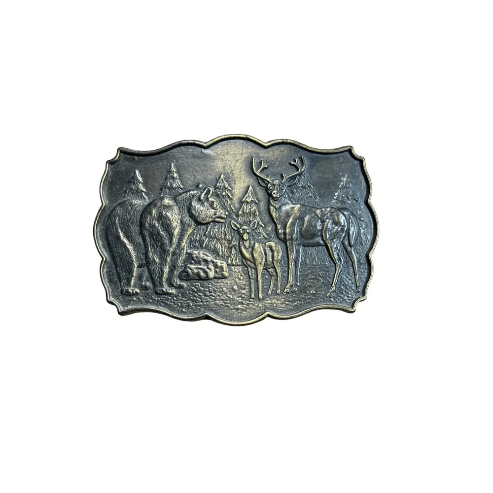 Vintage Wildlife Belt Buckle Bear Deer Fawn Forest Scene Brass Tone Rectangle